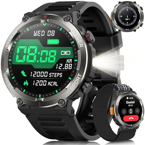 Yxtel Smartwatch Militare Uomo, Orologio Fitness con Chiamate Bluetooth e Schermo 1.45″, Monitoraggio SpO2 e Frequenza Cardiaca 24/7, 100+ Modalità Sportive IP68, Torcia, Bussola, per iPhone Android