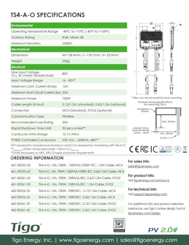 Image of Tigo TS4-A-O Module Add-On Rapid Shutdown, Optimization, 1500V UL /1000TUV, 1.2M Cable, MC4 Genuine Connectors, Part No. 461-00252-32