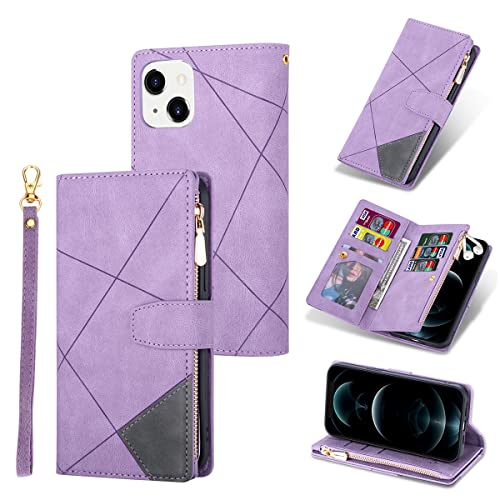 UEEBAI Funda para iPhone 13 iPhone 14 de 6,1 Pulgadas con Cremallera Retro Funda de Piel sintética Funda con 9 Ranuras para Tarjetas función Atril Cartera Correa de Transporte Funda - Morado