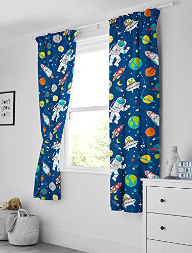 Bloomsbury Mill - Cortinas Forradas con Alzapaños para Niños - Diseño Espacio Exterior, Cohetes y Planetas - 168 cm x 183 cm