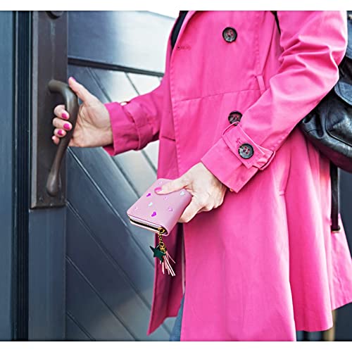 FuninCrea Ladies Purse Wallet with Star Pendant, PU Leather Purse with Card Slots and Compartments, Lady Credit Card Holder with Zipper, Solid Color Wallet with Embroidery Heart Pattern (pink)4