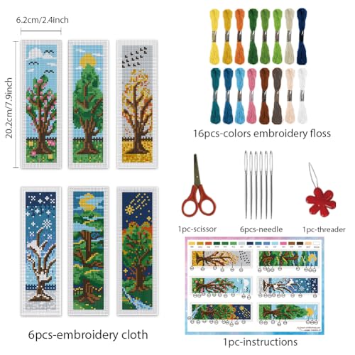 Image of INFUNLY 6PCS DIY Four Seasons Tree Cross Stitch Bookmark Kits 8.66 inch3.15 inch Spring Green Tree Stamped Embroidery Bookmark Kits with Instruction