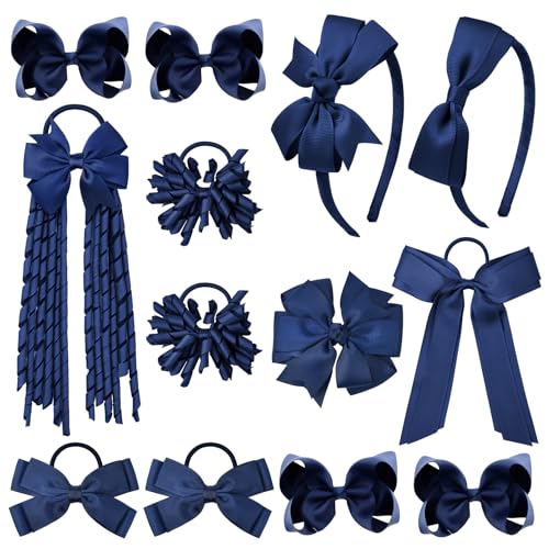 DEEKA Navy Blue School Hair Accessories Set 13 Pcs Uniform Hair Bow Headband Clips Hair Ties Curly Korker Bows for Little Toddler School Girls (Navy)