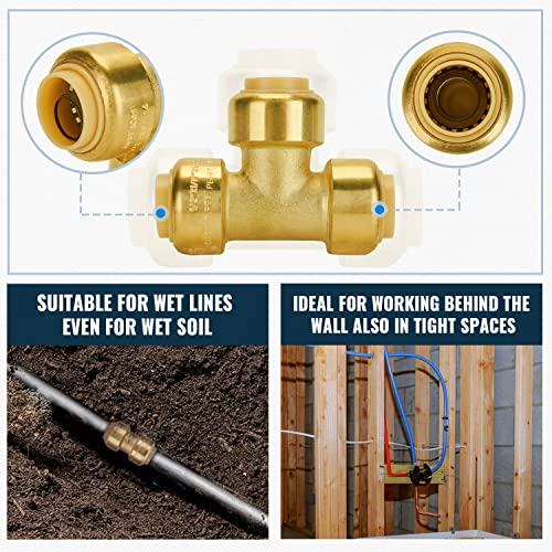 Image of SUNGATOR 15-Pack Push Fitting 1 /2 Inch, Coupling (10 PCS), Tee (5 PCS) | Brass Pex Fittings Assortment, Push-to-Connect, for Pex Pipe, Copper, CPVC, PE-RT, with 1 Disconnect Clip