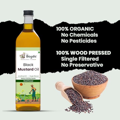 Image of The Bagdis Wood Pressed Black Mustard Oil | Cold Pressed | 100% Natural & Pure | Rich Aroma | For Cooking & Skin Care 1L (500ml)
