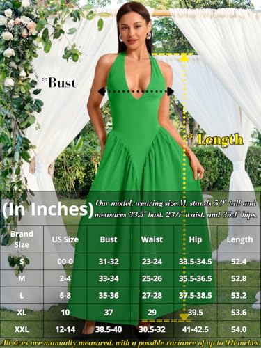 Image of ChiaoLezhee Deep V Neck Dress, Halter Maxi Dresses, Vacation Date Night, Sexy for Women Corset Flowy Wedding Guest Drop Waist