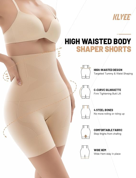 Image of KLVEE Shapewear for Women Tummy Control, High Waisted Body Shaper Shorts Thigh Slimmer Control Slips Under Dress