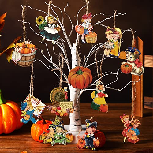 Image of Geelin 24 Pcs Vintage Fall Wooden Ornaments for Tree Decorations Home | Thanksgiving Autumn Harvest Hanging Ornament Pumpkin Turkey Sunflower Wood Cutouts Fall Thanksgiving Decor for Christmas Tree