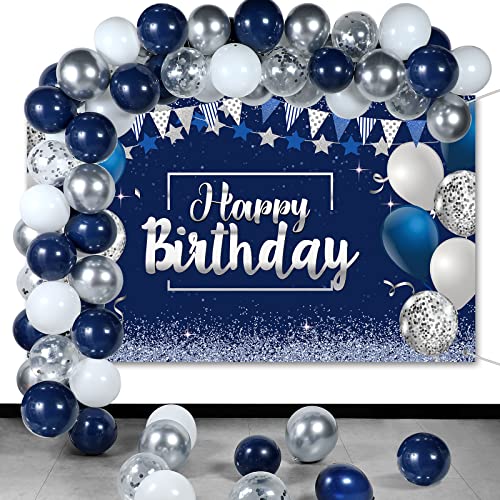 Image of Tatuo Navy Blue Birthday Confetti Balloons Kit Set Photography Backdrop Banner Package for Boys Girls Men Women Birthday Party Decorations Supplies(Navy Blue and Silver)