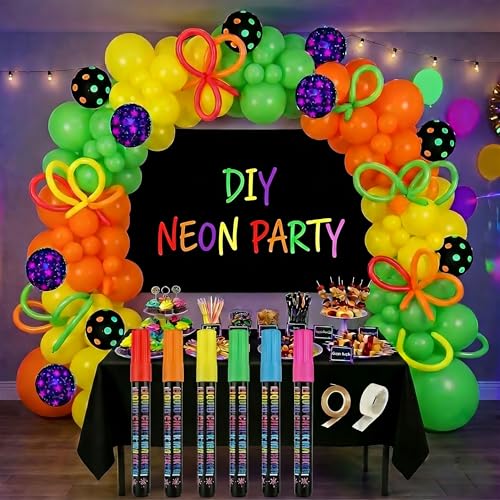 Kosydown Basic Neon Party Decorations 71x43in Glow in The Dark Backdrop with 6pcs Fluorescent Markers Blacklight Party Supplies Set for Birthday Including Neon Colorful Balloons Tablecloth