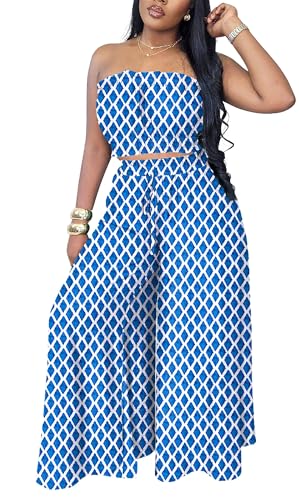 Image of Two Piece Sets for Women Summer Outfits Crop Tops and Wide Leg Pants Sets Sexy Jumpsuits Vacation Outfits with Pockets