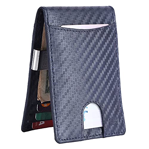 Image of Brooklyn Bridge Money Clip Wallets for Men Vegan Leather Carbon Fiber Blue - Slim RFID Protected Card Holder, Stylish Front Pocket Wallet with Cash Clip, Lightweight Gift for Him