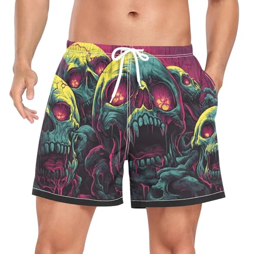 Mens Swim Trunks with Liner, Zombie Skulls Scary Cool Quick Dry Beach Swim Shorts, Swimwear Bathing Suits S