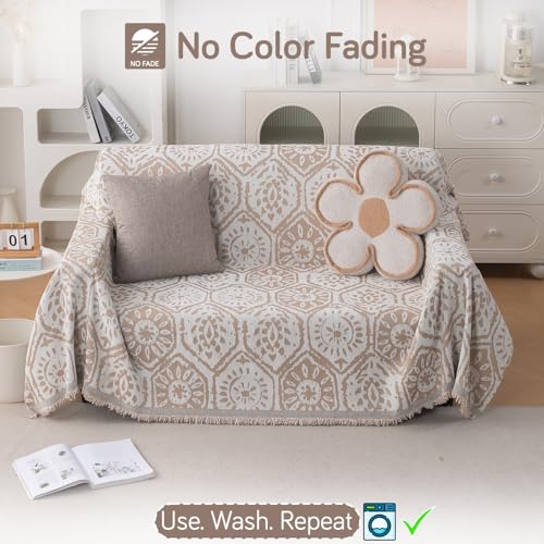 Image of HOKIPO Printed 320 GSM Chenille Sofa Cover Throw Blanket for 2 Seater Sofa - All Season, 'Serene Abode Series' Boho Floral Tile (180x250 cm) (AR-6632-D5)