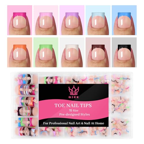 Qiek 15 Sizes 300 PCS Press on Toenails for Women, 10 Rainbow Colors Fake Toe Nail Sharp Square, Brighter Pastel French Nails Tip Pre-applied Primer& Base Coat, Need Builder Nail Gel& Top Coat