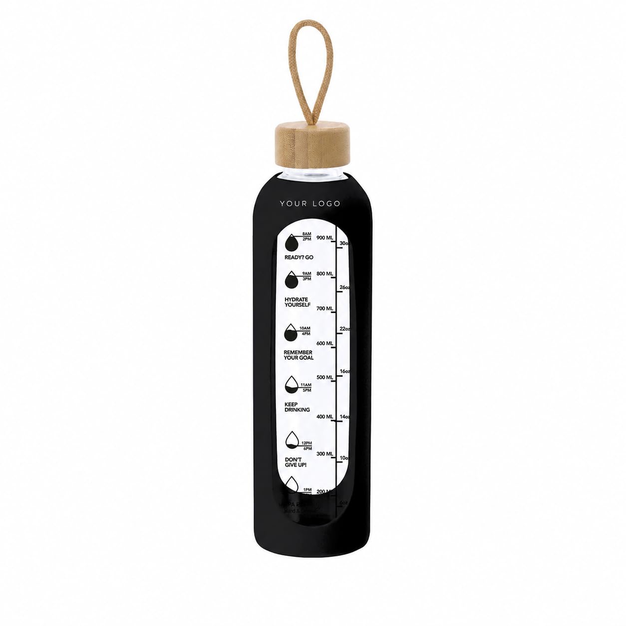 Personalised 1L Glass Water Bottle with Silicone Sleeve, Bamboo Lid & Time Marker, BPA Free Reusable Drinking Bottle with Motivational Quotes