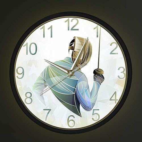 Reloj de pared LED luminoso con control de sonido, esgrima para el hogar, marco de metal, relojes de cuarzo silencioso, arte de pared con esgrima,