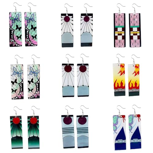 Tanjiro Earrings 9 Pairs Anime Demon Slayer Earrings For Women Trendy Tanjiro Cosplay Jewelry Exquisite Cosplay Anime Drop Unique Creative Dress-Up Earrings Accessories For Women Double-Sided Acrylic