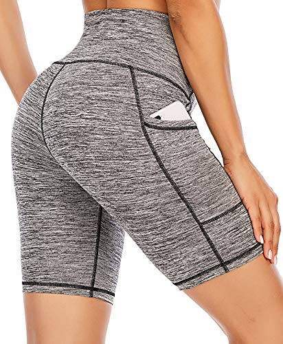 FAFAIR Womens Athletic Shorts with Pockets Non See Through Yoga Shorts Moisture Wicking Light Gray-Black M