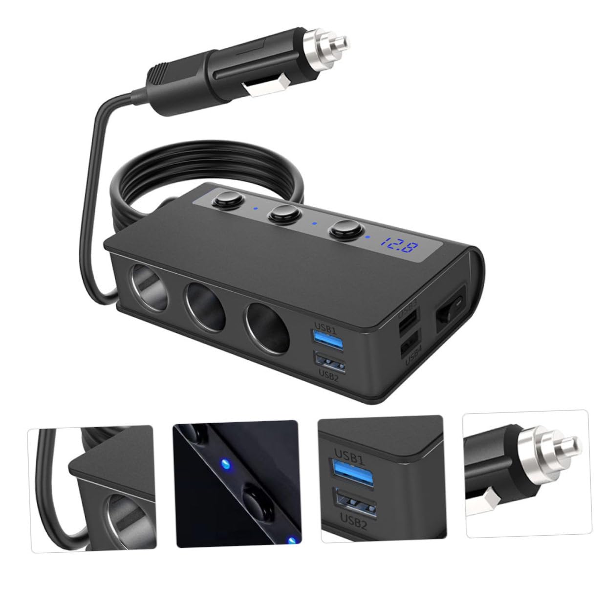 LABRIMP Adattatore Accendisigari Auto 1 a 3 180w, Caricatore 4 Porte USB e Interruttore Indipendente, per Dispositivi Elettrici e Luci USB