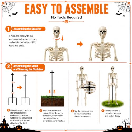 36" Halloween Skeleton with Metal Stand, Poseable Full Body Skeleton Decoration for Outdoor Yard, Garden, Porch, Indoor Haunted House, Movable Joints Human Bones Halloween Party Decor (1 Pack ) - image 6
