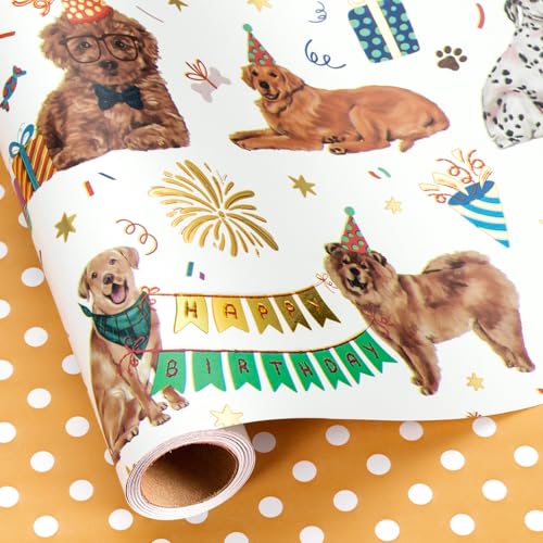 Yarcony Dog Wrapping Paper Roll Pawty Pups Wrapping Paper Metallic Foil Reversible Puppy Dog Print Neutral Birthday Gift Wap for Pet Lovers Baby Shower Holiday Christmas (17 Inch X 16.5 Feet)