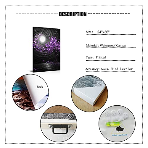 Skenoart Full Moon Canvas Wall Art Black White Moon Purple Blossom Tree Landscape Picture Painting Print Dreamlike Artwork Home Living Room Bedroom Bathroom Decor Stretched Ready To Hang #TOP5