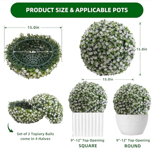 15" Artificial Topiary Balls 2PCS, Flower Topiary Ball Decorative Balls for Outdoor Patio Garden and Indoor, Wedding Decoration, White