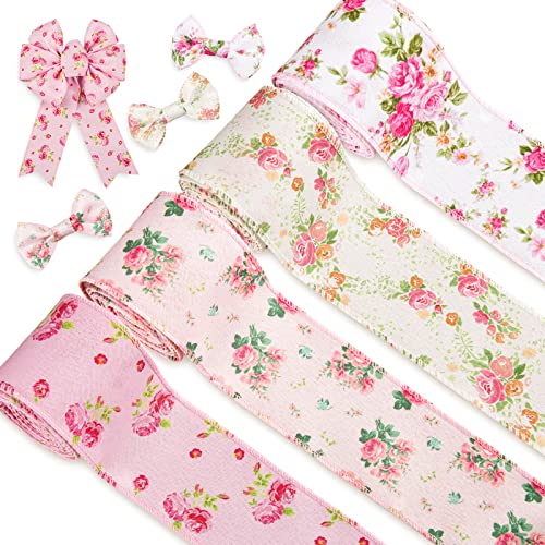 Whaline Pink Floral Wired Edge Ribbon 4 Rolls Rose Flower Pattern Ribbon Spring Summer Fabric Decorative Craft Ribbons for Mother's Day Gift Wrapping Hair Bow Sewing Wreath Crafts, 20 Yard x 2.5 Inch