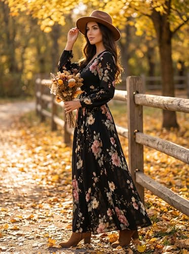 Image of SUZONANA Plus Size Dresses for Women Floral Print Maxi Dress Flowy 3 /4 Sleeve with Belt