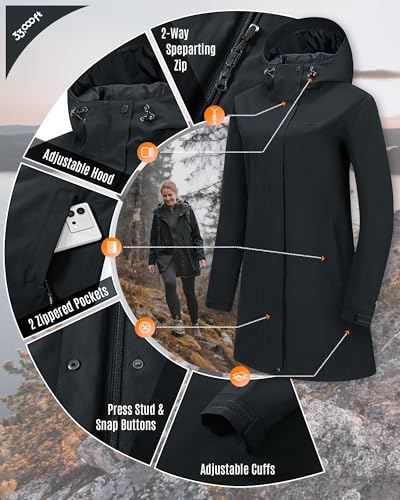 33,000ft Damen Regenjacke Windbreaker Lange Wasserdichte Softshelljacke mit Kapuze Leicht Übergangsjacke Wanderjacke Atmungsaktive Regenmantel für Frühling Sommer und Herbst Schwarz XL