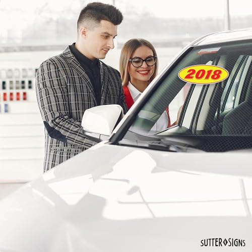 Image of 2018 Car Model Year Windshield Stickers | 14 inch x 5.5 inch Oval Stickers for Car Dealerships, Vehicle Windshields (Pack of 12)