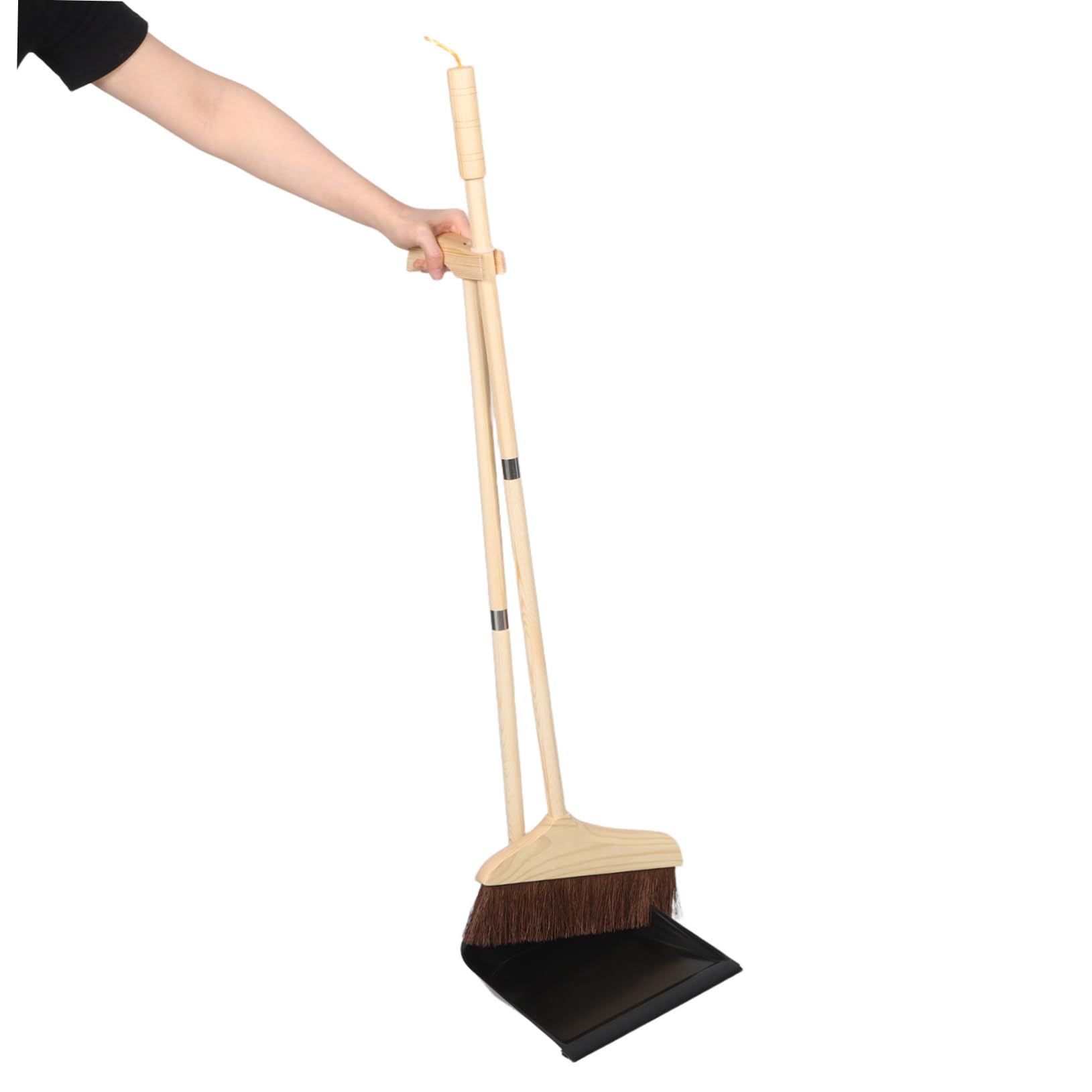 Juego de Escoba y Recogedor Desmontables Mango de Rosca de Madera | Negro, Hierro Resistente, para Salón y Limpieza Diaria del Hogar, Cepillo Suave para Suelo