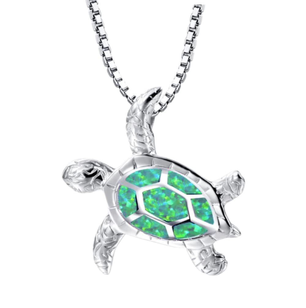 LRGKMCWTOB Small Turtle Pendant Statement Necklace Health and Longevity 925 Sterling Silver Created Opal Sea Turtle Pendant Necklace Birthstone