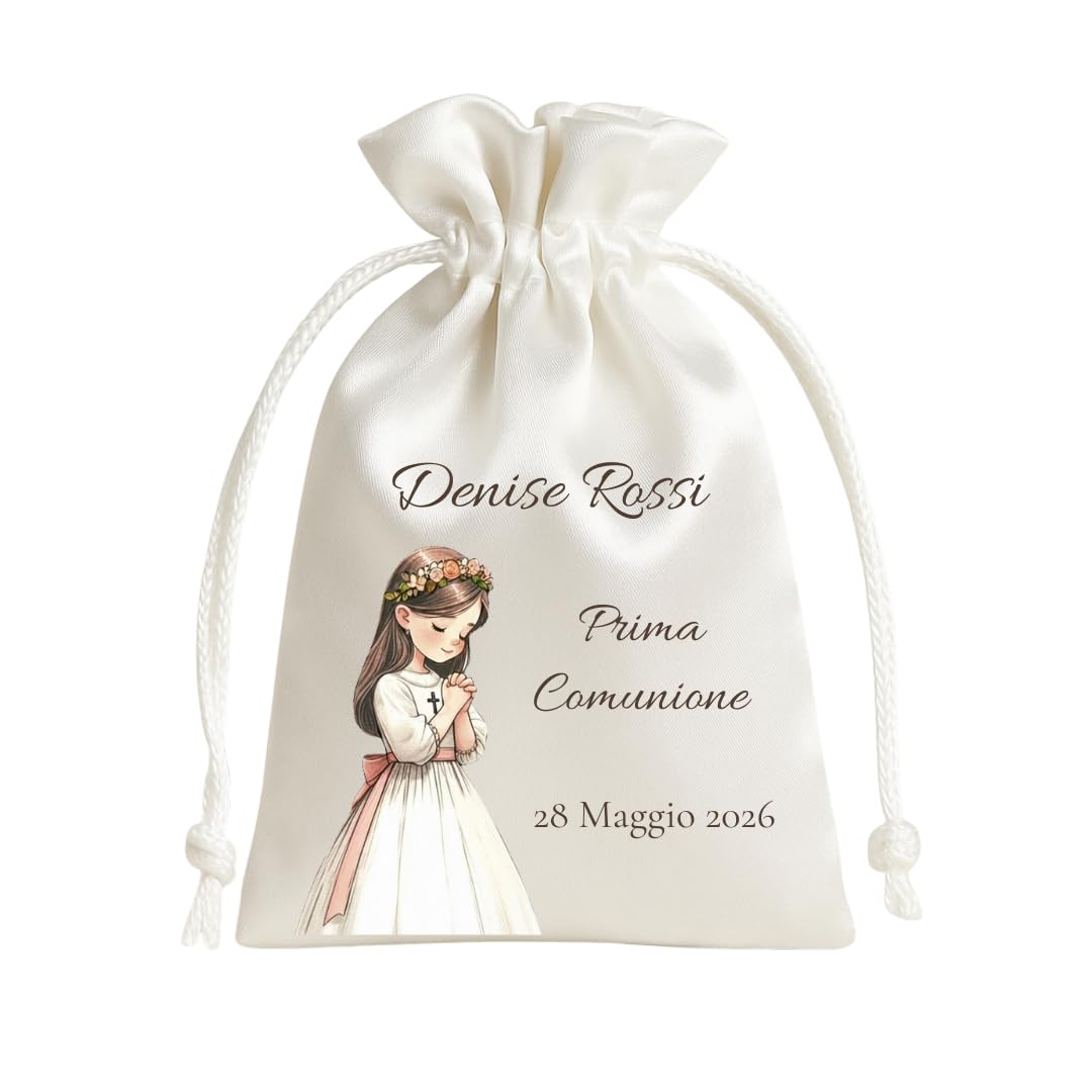 Cormar Sacchetti Bomboniere Prima Comunione, 12 Pezzi, 9x12 cm, Personalizzati con Nome e Data, Bianco (PREGHIERA 2)