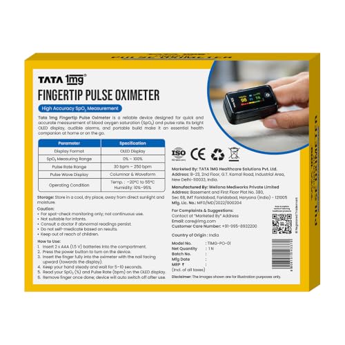 Image of Tata 1mg Fingertip Pulse Oximeter | High Accuracy SpO2 Monitor & Pulse Rate Device | OLED Display | Perfusion Index Indicator | Portable Oxygen Saturation Monitor for Adults
