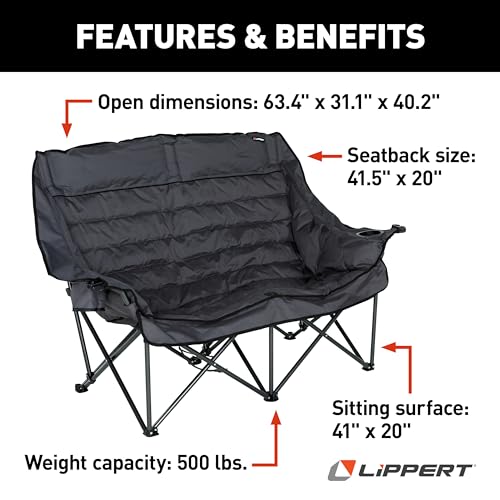 Image of Lippert Big Bear Dark Grey Folding Camping Loveseat with 500-lb. Weight Capacity, Durable Mesh Fabrics, High-Loft Cushioning, Dual Cupholders, Storage Pocket, Zippered Carrying Bag - 2023053717