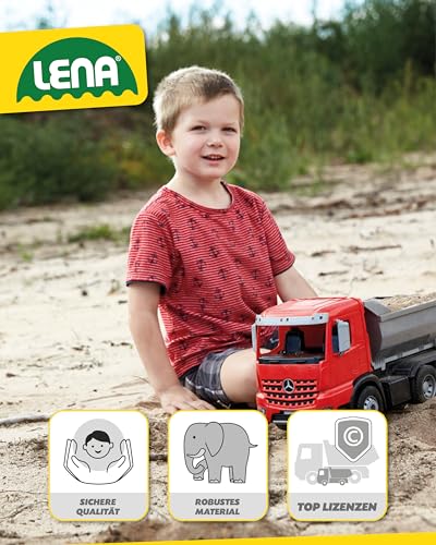 Lena 04610 - Worxx Muldenkipper Mercedes Benz Arocs, ca. 45 cm, Baustellen Spielfahrzeug für Kinder ab 3 Jahre, robuster Kipper LKW mit verriegelbarer Kippmulde und beweglicher Heckklappe