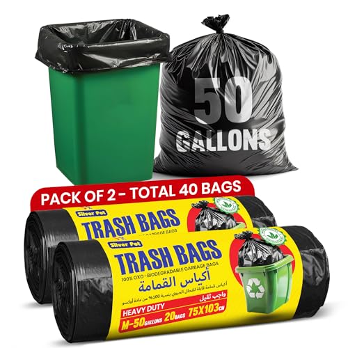 Silver Pot Black Garbage Bags Pack of 2 - Medium 20 bags 50 Gallons (75cm x 103cm) Extra Strong & Bio-Degradable Heavy Duty Disposable Waste Bags Total 40 bags (20 x 2 rolls)