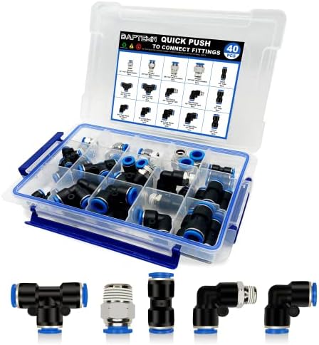 Daptemn 40 Pcs Air Line Quick Connect Fittings, 1/4" 3/8" 1/2" Push to Connect Fittings Replacement Air Fittings 1/4 3/8 1/2 inch OD NPT Thread Elbow Tube Tee Straight Union Air Hose Connectors