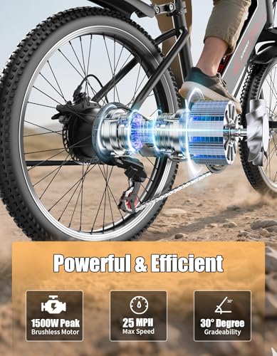 Image of Electric Bike for Adults, 1500W Peak E bike with 48V 12Ah Internal Removable Battery, 26 inch Electric Bicycle Up to 25MPH, 65 Miles Long Range, 5 Modes & 7 Speeds, Lightweight Cruiser E-bike for Commute