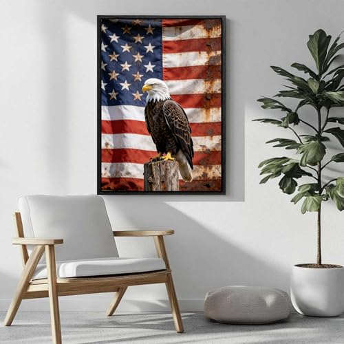 Image of American Flag Framed Canvas Wall Art, 4th of July Red White Blue Canvas Prints, USA Flag with Bald Eagle Patriotic Decorations, Vintage Independence Day Wall Decor for Bedroom Living Room 12x16