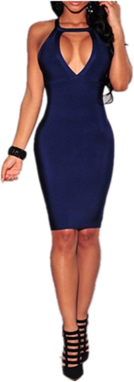 Qiuyun Women's Cotton Summer Solid Sleeveless Deep V Neck Club Slim Dresses Bule S