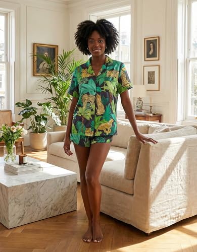 Image of Ekouaer Womens Silk Satin Pajama Set Print Short Sleeve Sleepwear Button Down Pjs Shorts Set Loungewear