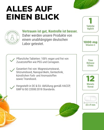 vit4ever Vitamin C 1000 mg - 365 Tabletten im Jahresvorrat - Time Released Effekt - Laborgeprüft - Vitamin C + Hagebuttenextrakt + Citrus-Bioflavonoide - Vegan - Hochdosiert