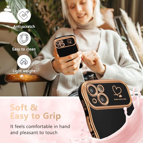 ZTOFERA iPhone 15 用 ハートケース 人気 おしゃれ iPhone 15 波型ケース 柔軟な TPU シリコン ウェーブ デザイン スマホケース メッキ加工 ソフト 軽量 耐衝撃 韓国 可愛い アイフォン 15 ケース 女子 女性 携帯電話カバー ワイヤレス充電対応 (ブラック)