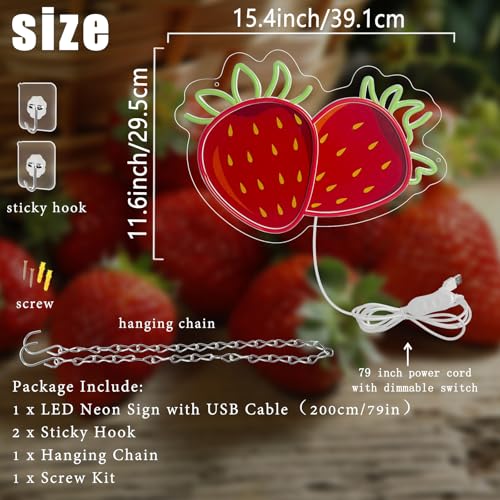 Image of Strawberry Neon Sign for Wall Decor, Dimmable Printing Strawberries Fruits Neon Lights, Vibrant Fruit Themed Neons LED Signs for Kids Room, Bedroom, Restaurant, Bar, Club, Fruit Shop, Birthday Party