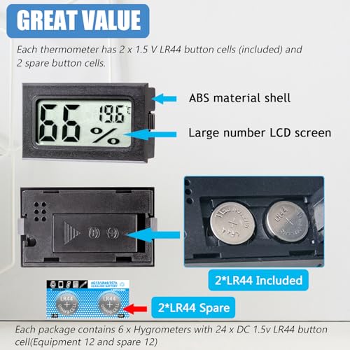 Mini Digital Thermometer Hygrometer, Large Number Indoor Temperature and Humidity Gauge Meter Monitor Celsius (℃) for Greenhouse, Garden, Cellar, Reptile Tank(6 Pack)