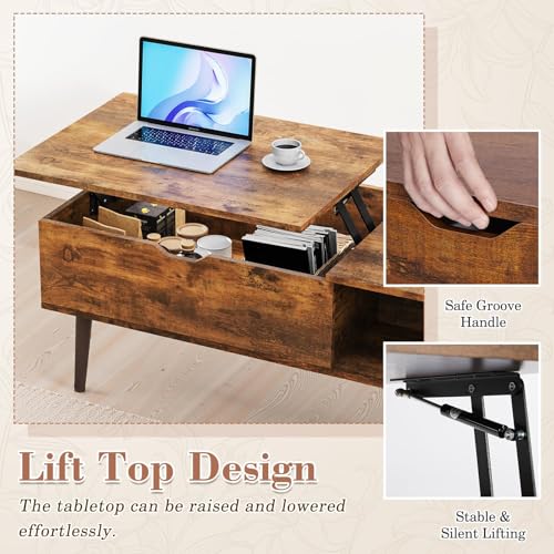 Image of OLIXIS Wooden Coffee Table, Lift Top Coffee Table with Large Hidden Compartment and Ample Storage Shelf, Lift Tabletop Dining Table for Living Room, Home Small Space, Rustic