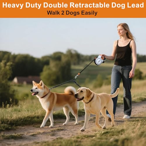 Dotolog Einziehbare Hundeleine 8m, Ausziehbare Leine mit Doppelte Leinen, Rollleinen für Hunde mit Sicherheitsgurt-Schnalle, Hundeleine für mittelgroße große Hunde (Weiß/Orange)